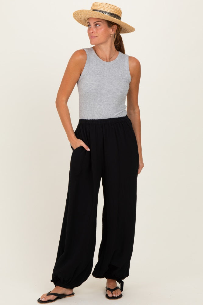 Black Cotton Gauze Tie Hem Pants