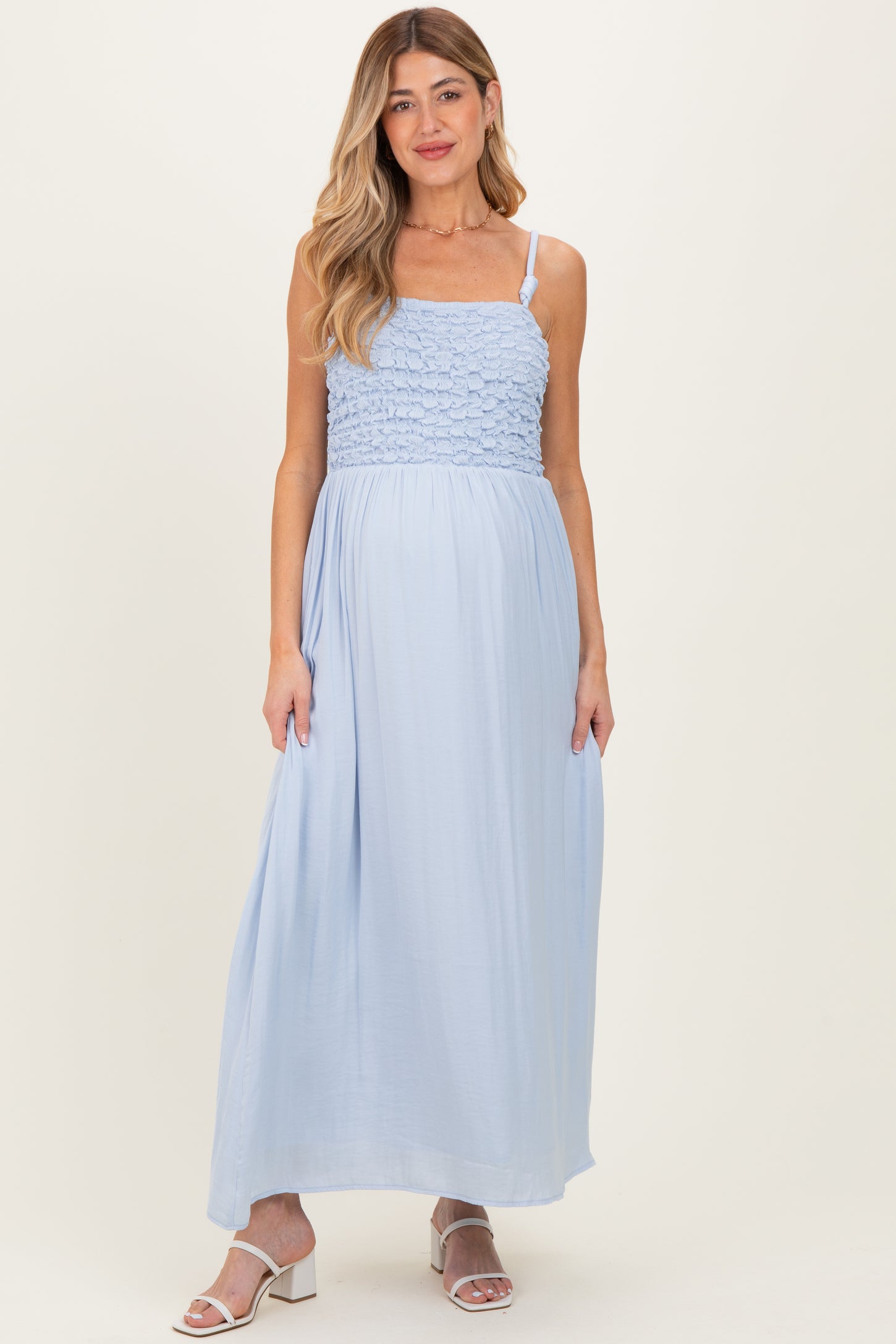 Light Blue Textured Smocked Maternity Maxi Dress