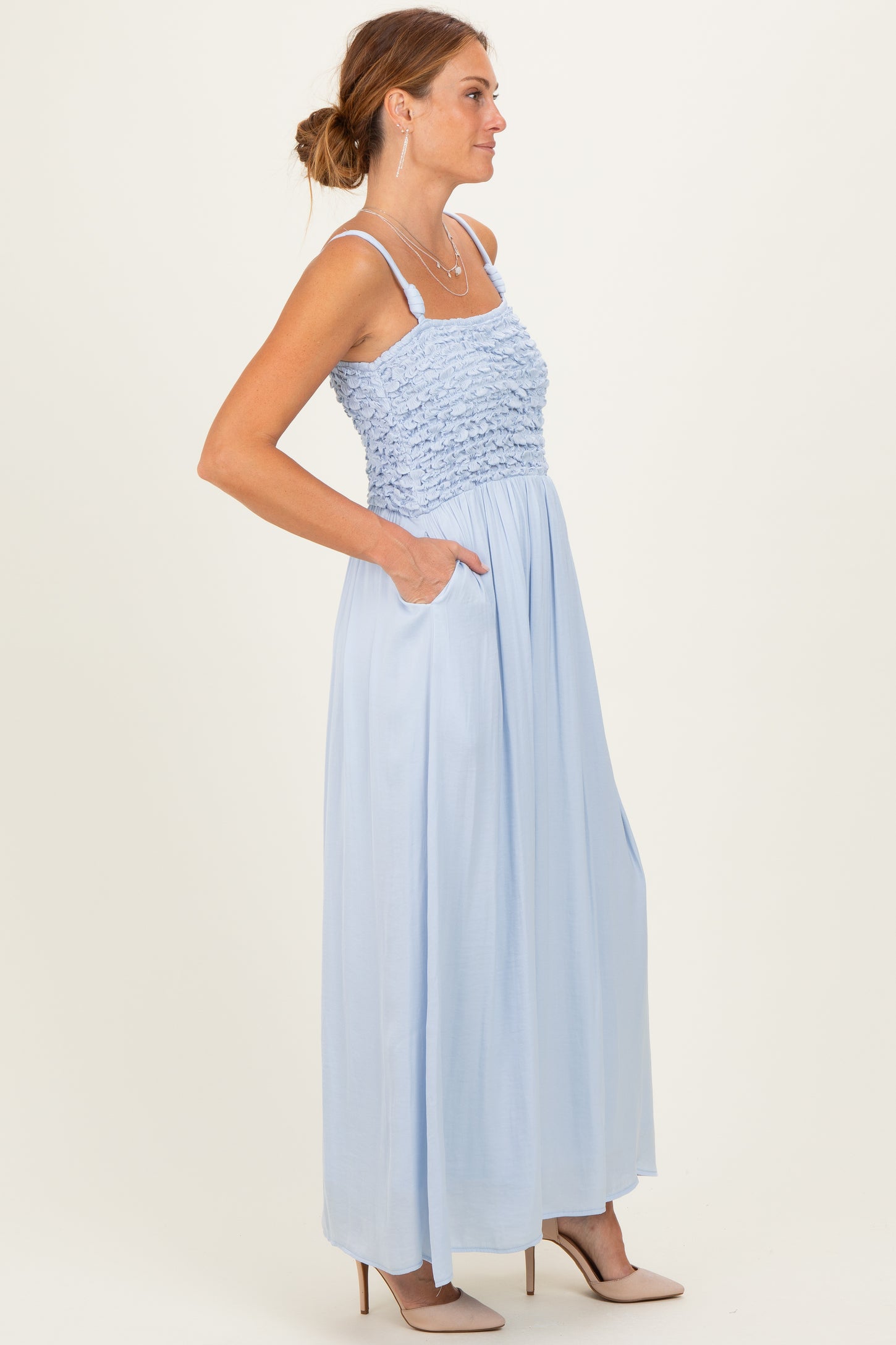 camila mendes blue dress Dusty Blue Chiffon Shoulder Tie Sweetheart Empire Bridesmaid Dress main image 1