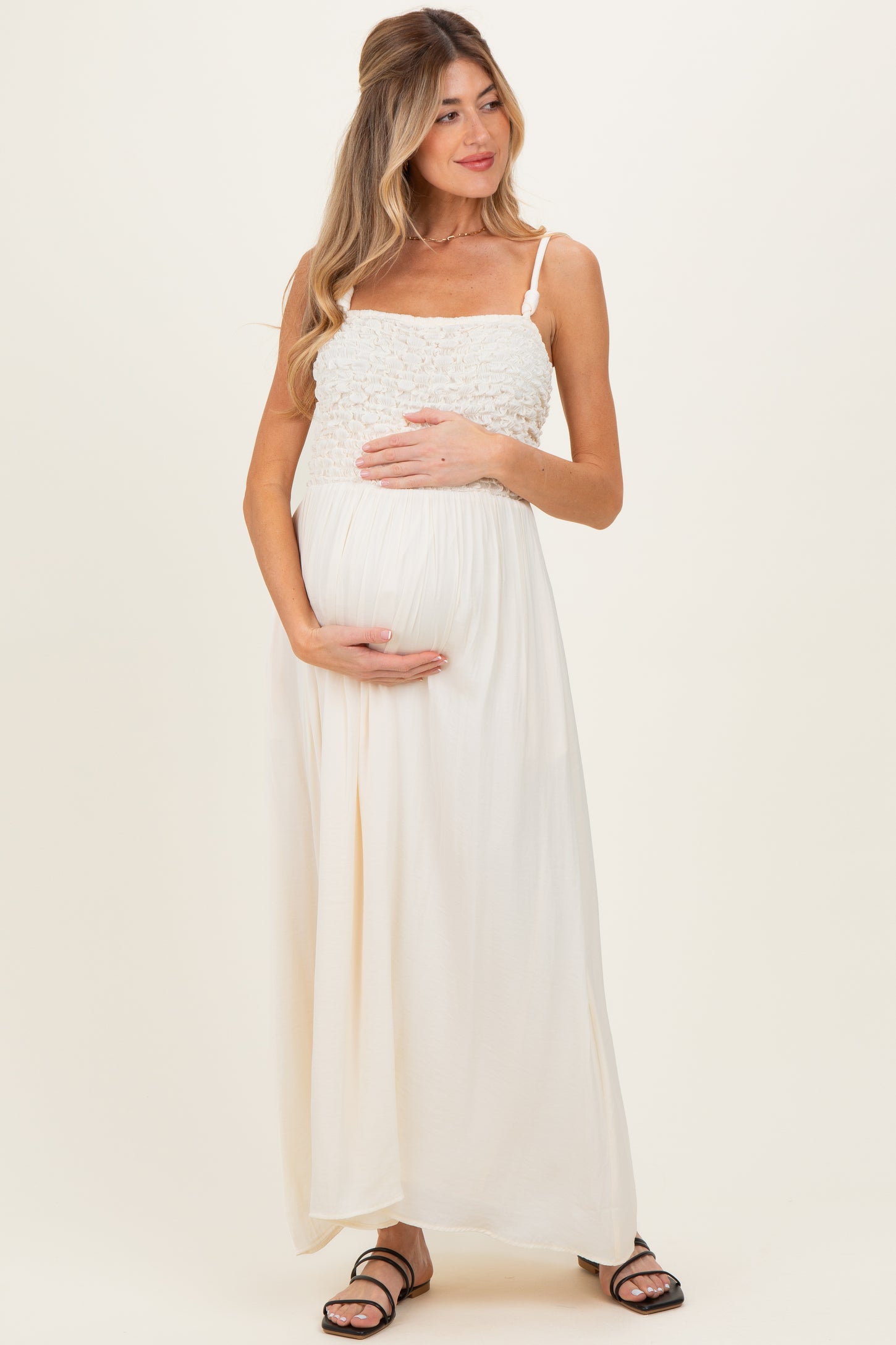 Ivory Textured Smocked Maternity Maxi Dress