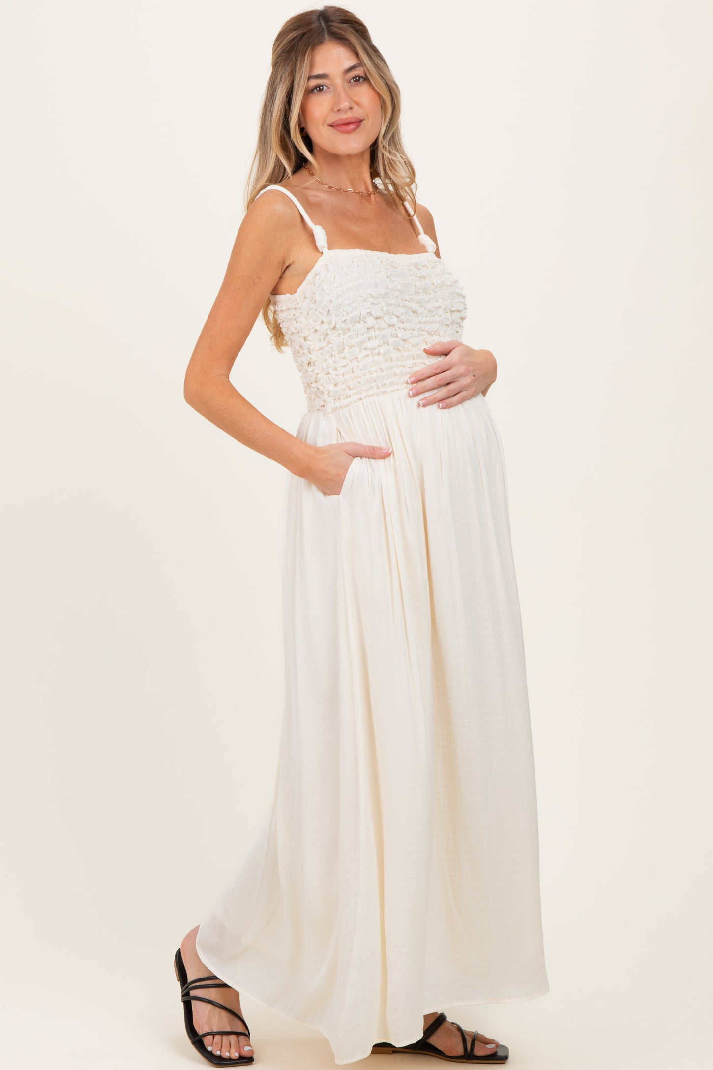 Ivory Textured Smocked Maternity Maxi Dress