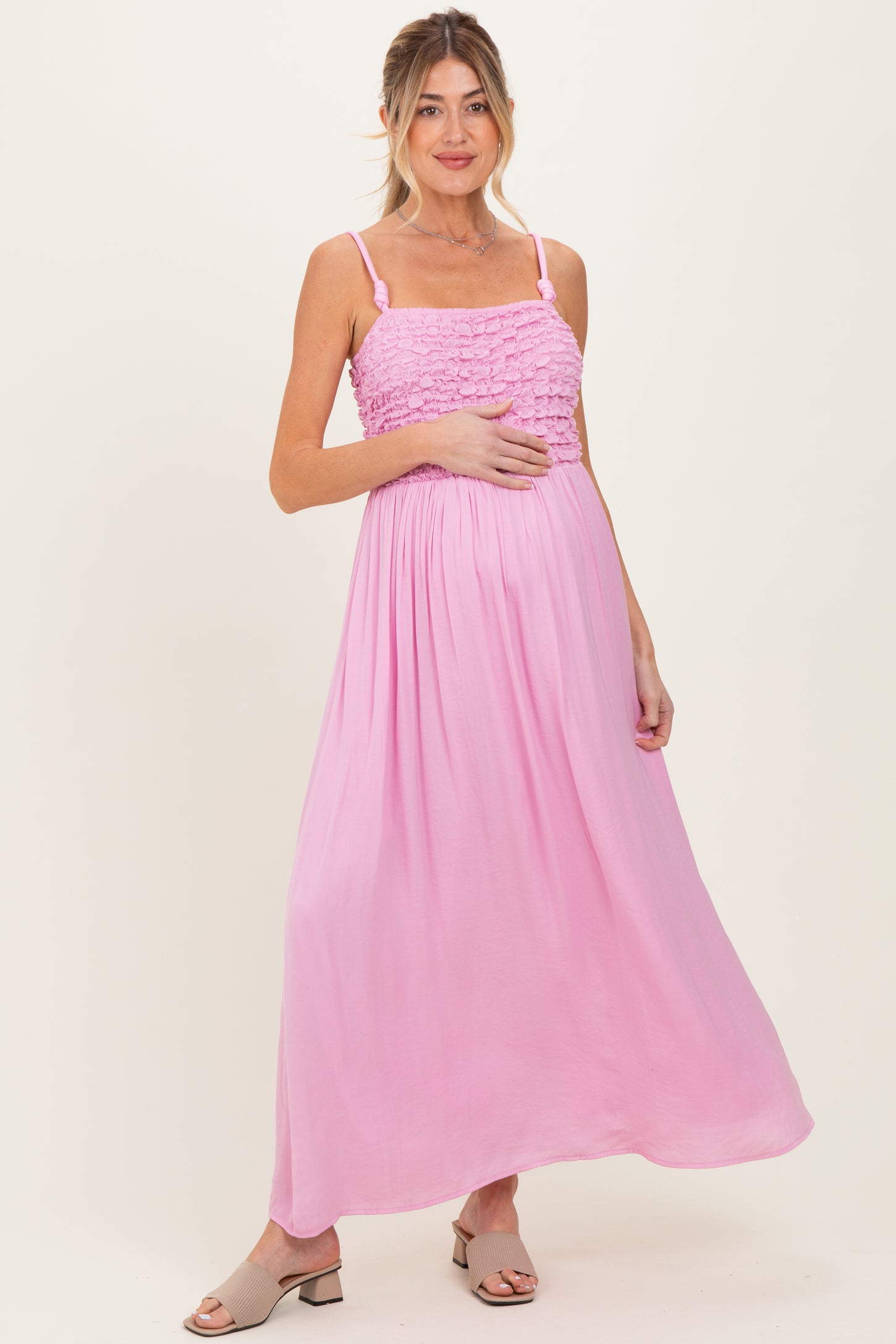 Pink Textured Smocked Maternity Maxi Dress