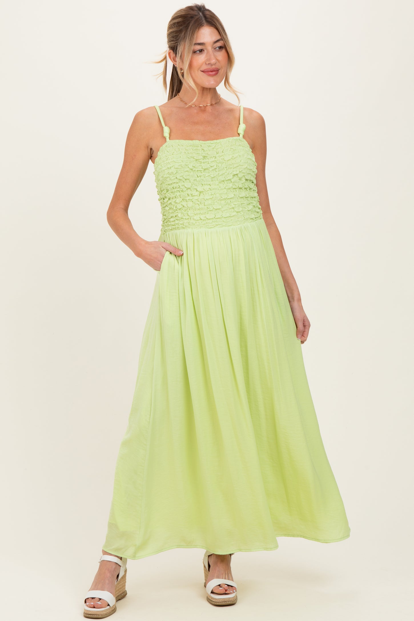 Lime Textured Smocked Maternity Maxi Dress