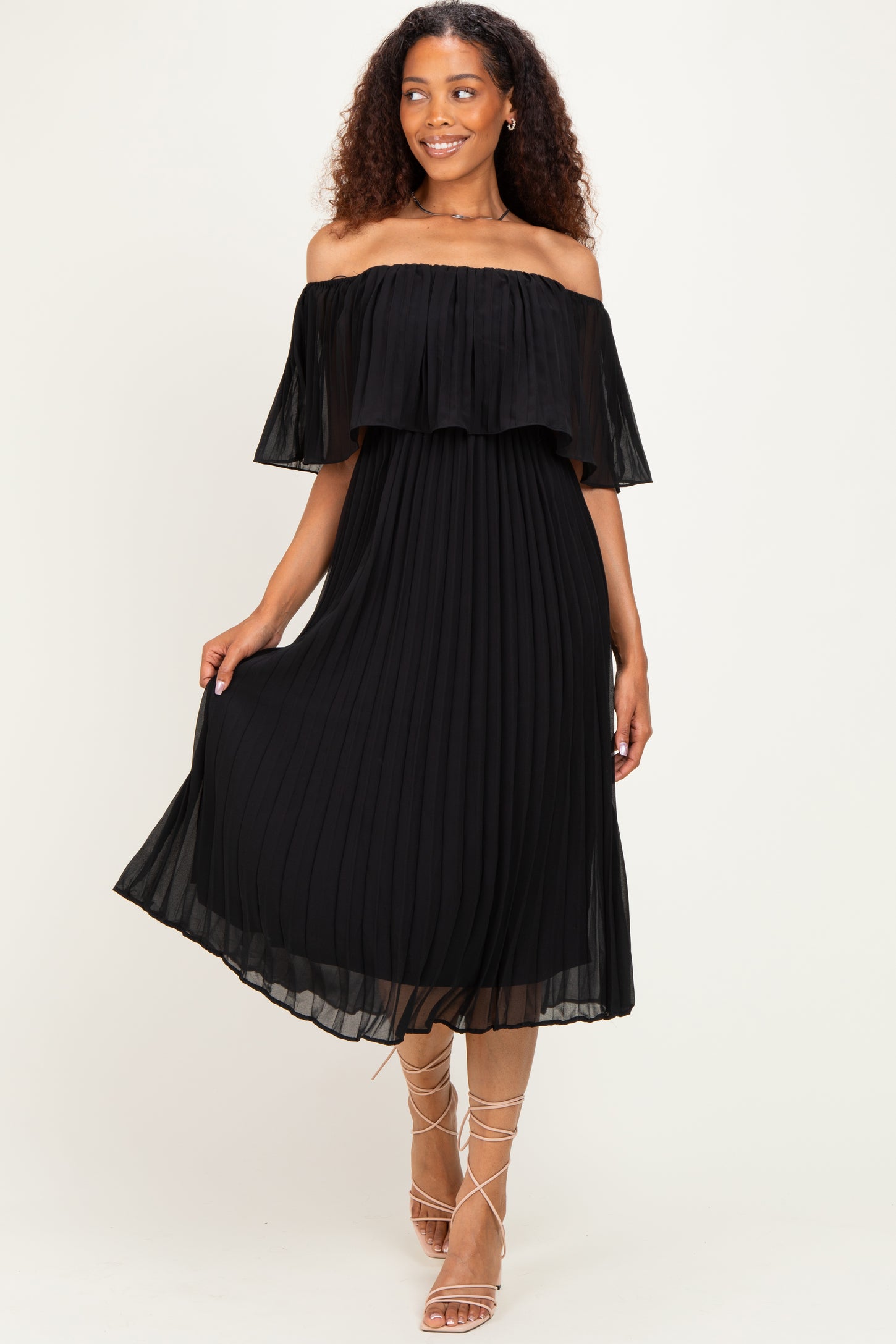 Black Pleated Off Shoulder Flounce Maternity Midi Dress