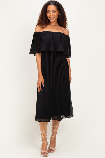 Black Pleated Off Shoulder Flounce Midi Dress