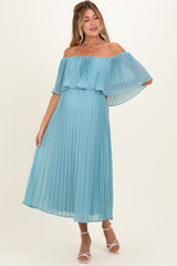 Blue Pleated Off Shoulder Flounce Maternity Midi Dress