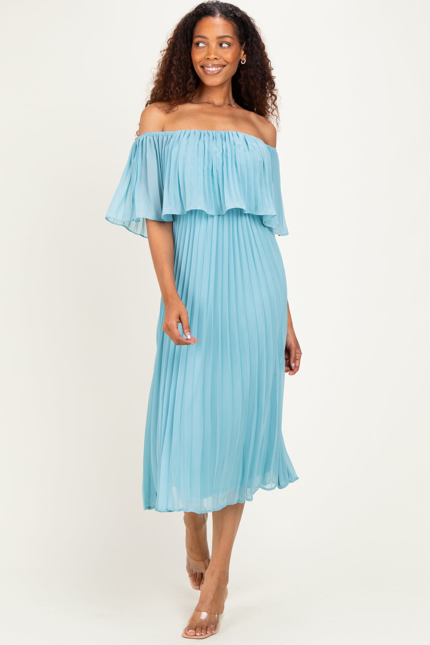 Blue Pleated Off Shoulder Flounce Maternity Midi Dress