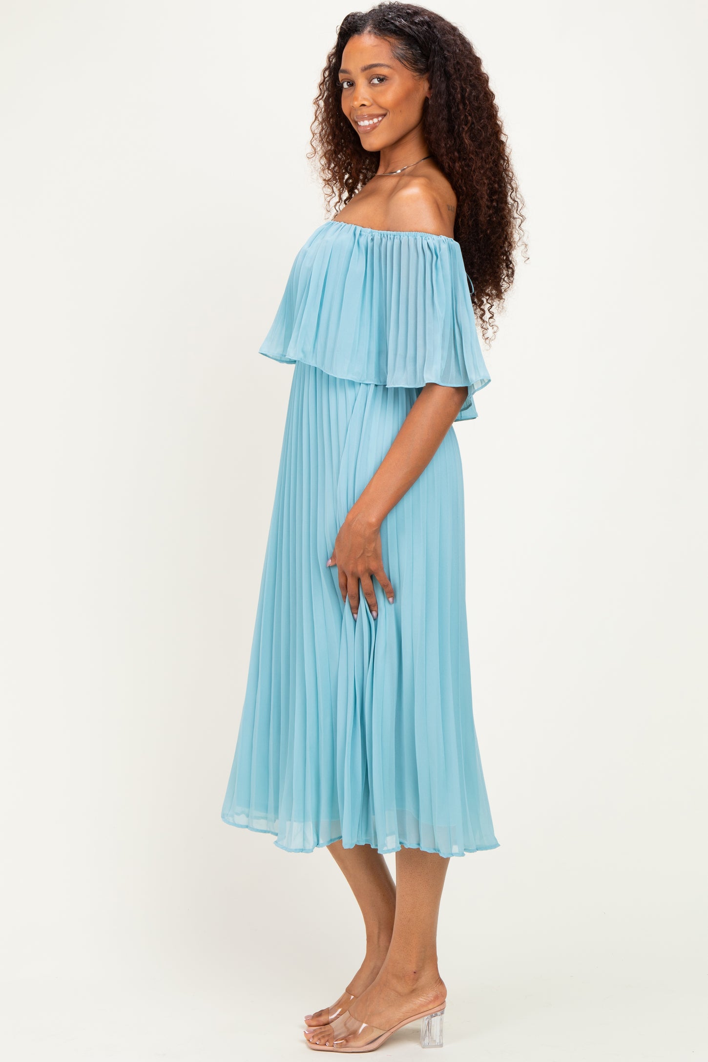 Blue Pleated Off Shoulder Flounce Midi Dress
