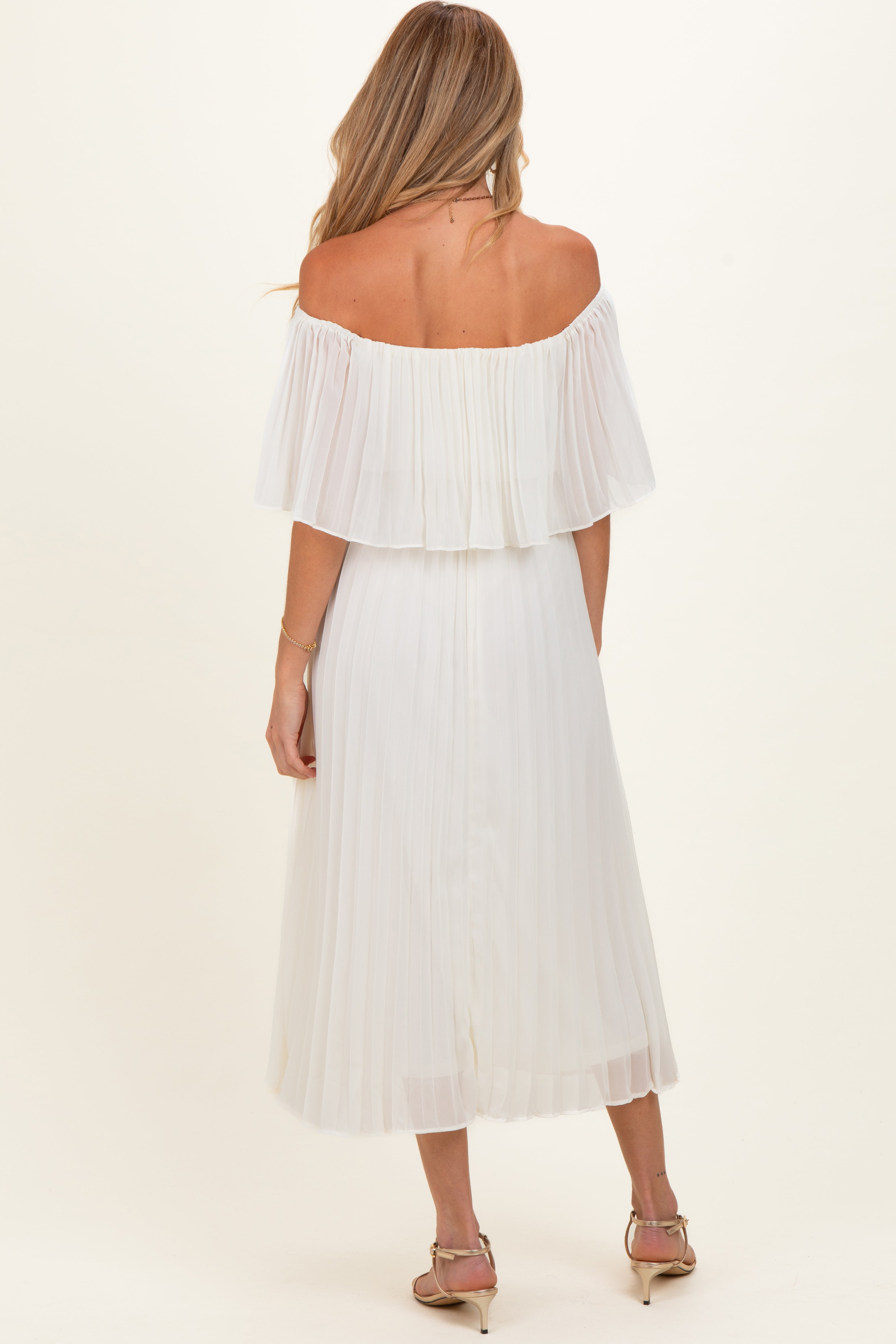 Cream Pleated Off Shoulder Flounce Maternity Midi Dress