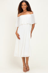 Cream Pleated Off Shoulder Flounce Maternity Midi Dress