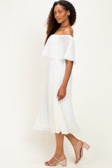 Cream Pleated Off Shoulder Flounce Midi Dress