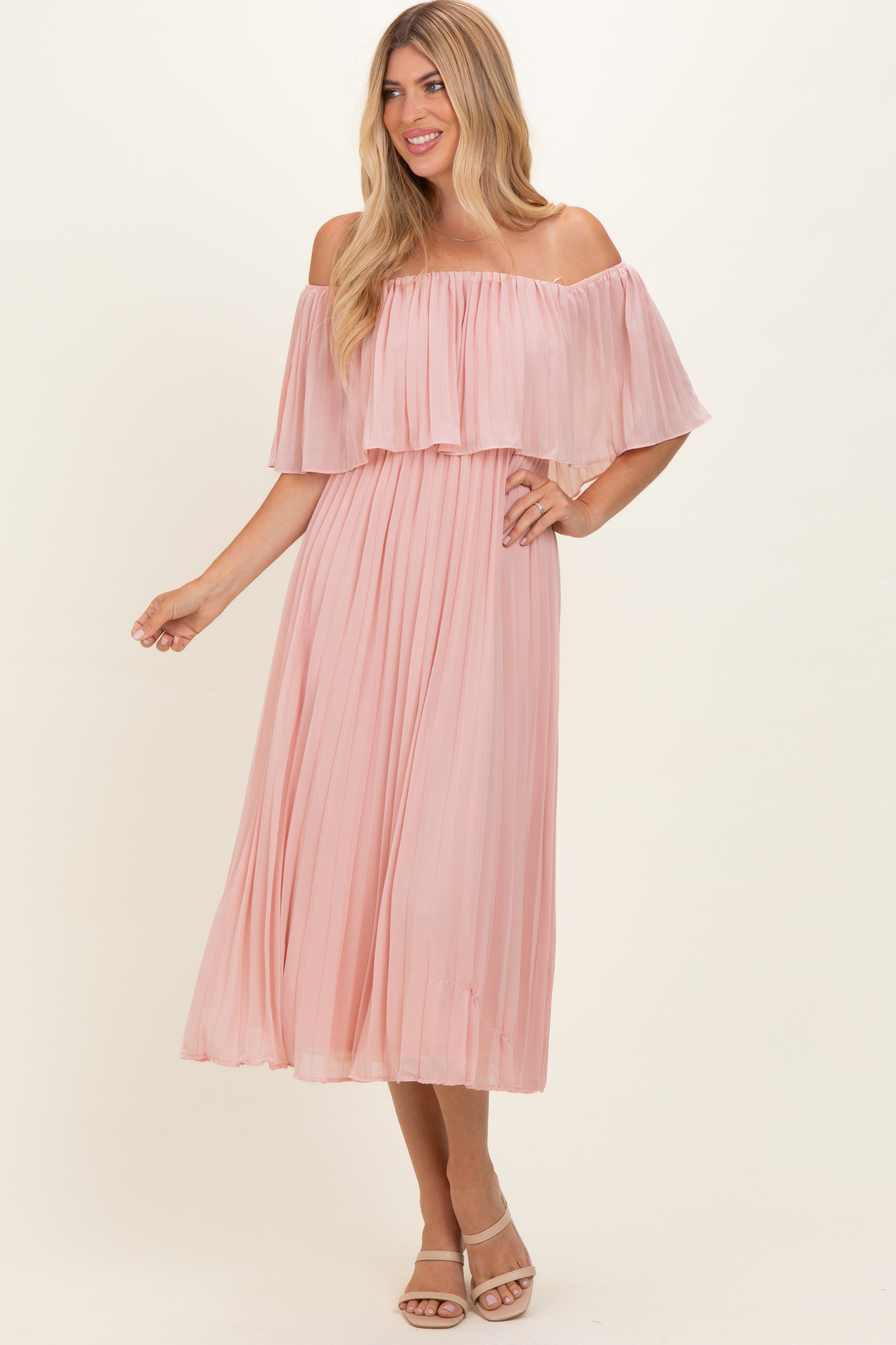 off shoulder pleated midi dress Forest Green Shimmer Off Shoulder Pleated Midi Dress