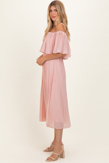 Pink Pleated Off Shoulder Flounce Midi Dress
