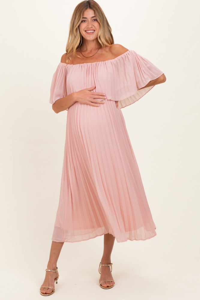 Pink Pleated Off Shoulder Flounce Maternity Midi Dress