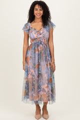 Multicolor Floral Mesh Smocked Cinched Bodice Midi Dresses