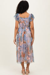 Multicolor Floral Mesh Smocked Cinched Bodice Midi Dresses