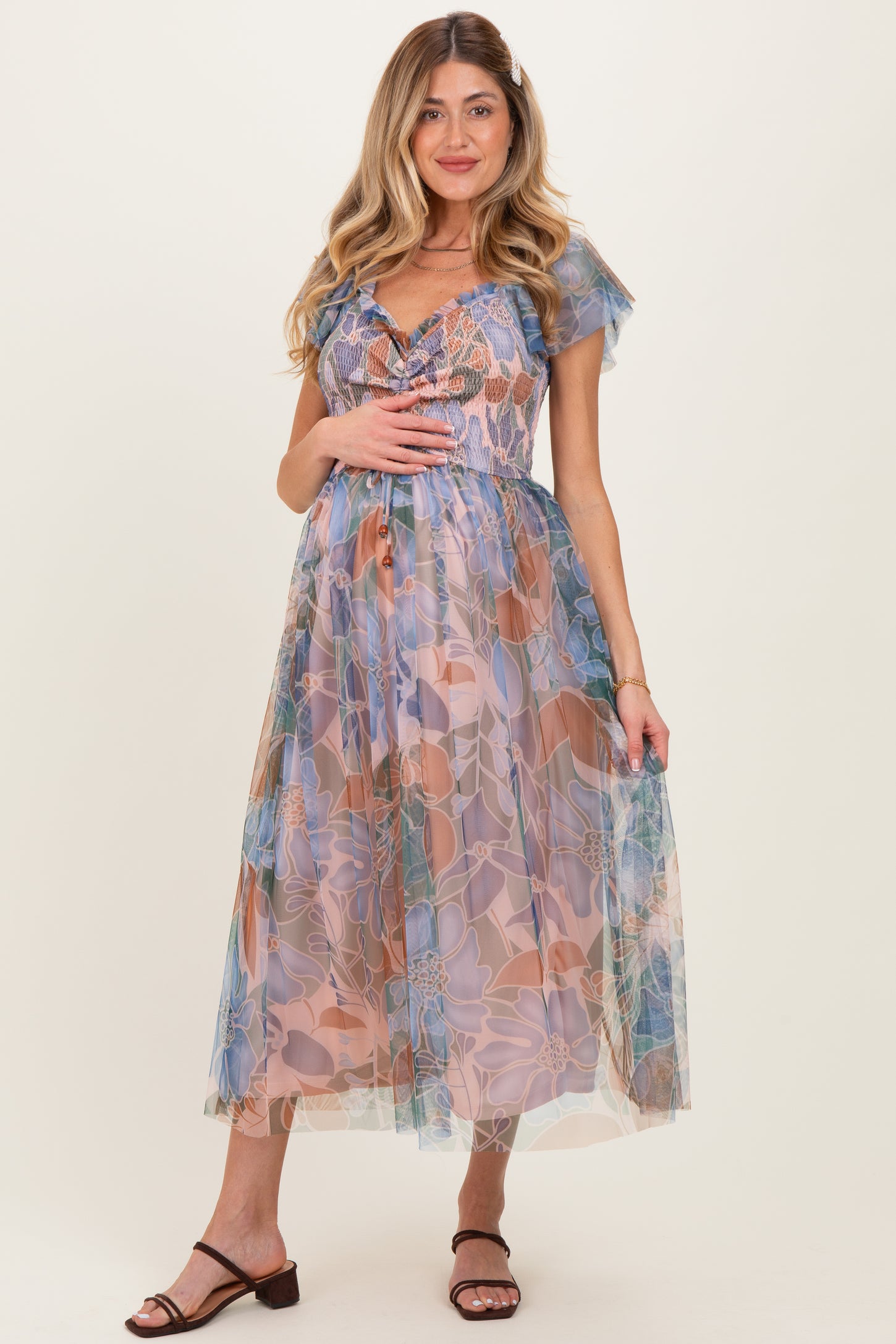 Multicolor Floral Mesh Smocked Cinched Bodice Maternity Midi Dresses Multicolor Floral Mesh Smocked Cinched Bodice Maternity Midi Dresses