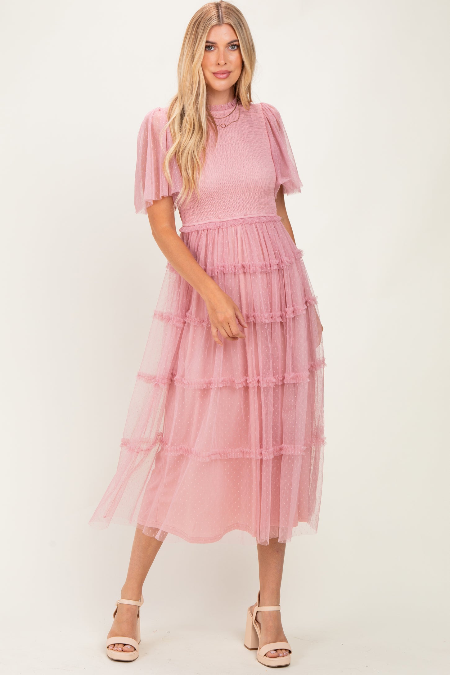 Pink Smocked Top Mesh Ruffled Midi Dress