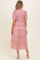 Pink Smocked Top Mesh Midi Dress