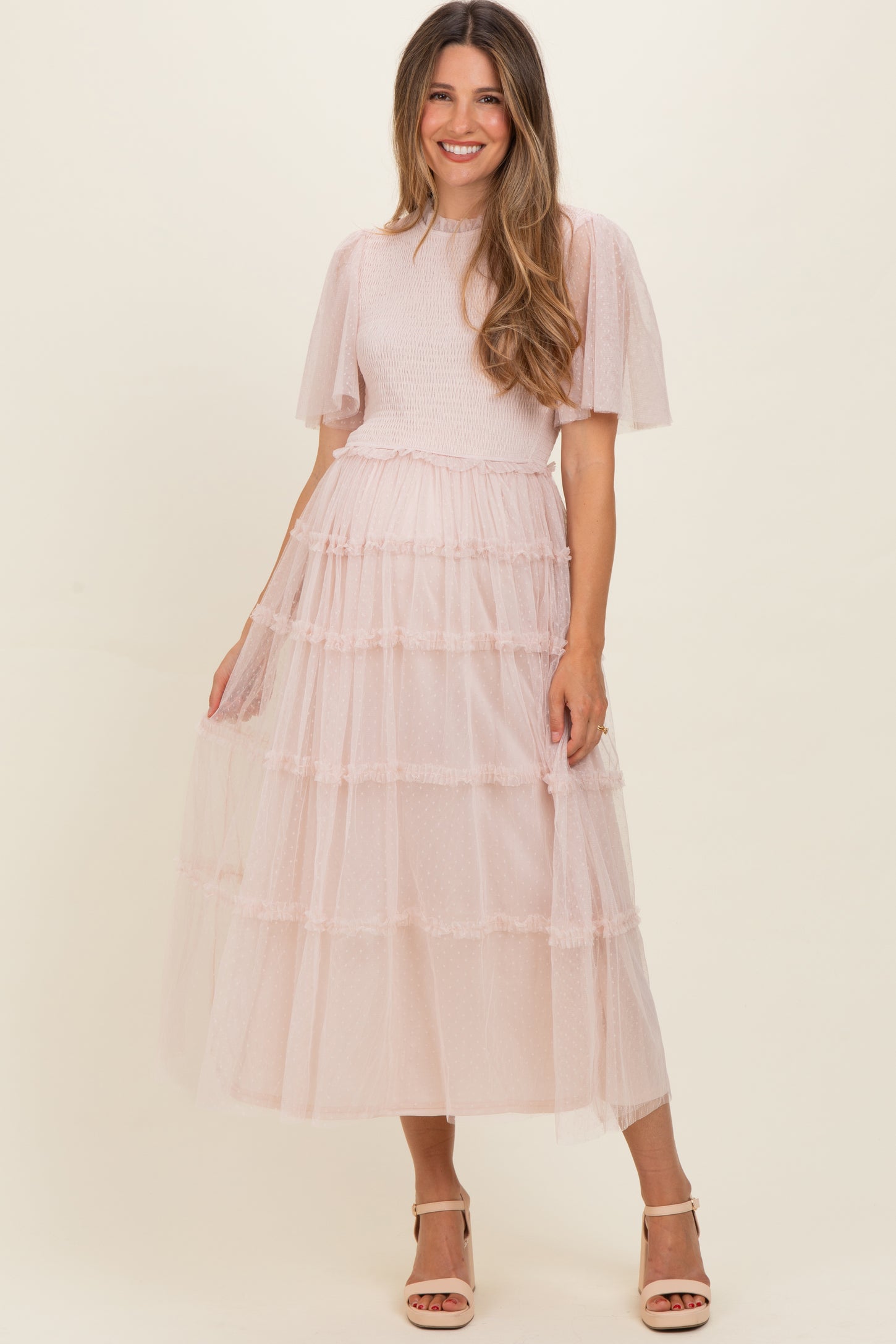 mesh top midi dress Cream Smocked Top Mesh Midi Dress