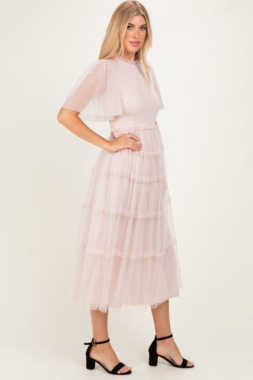 Cream Smocked Top Mesh Midi Dress