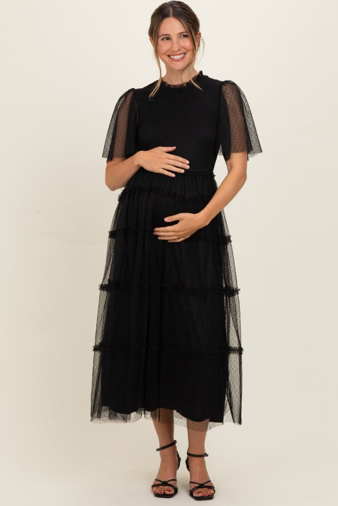 smocked black dress Black Smocked Top Mesh Midi Dress – PinkBlush