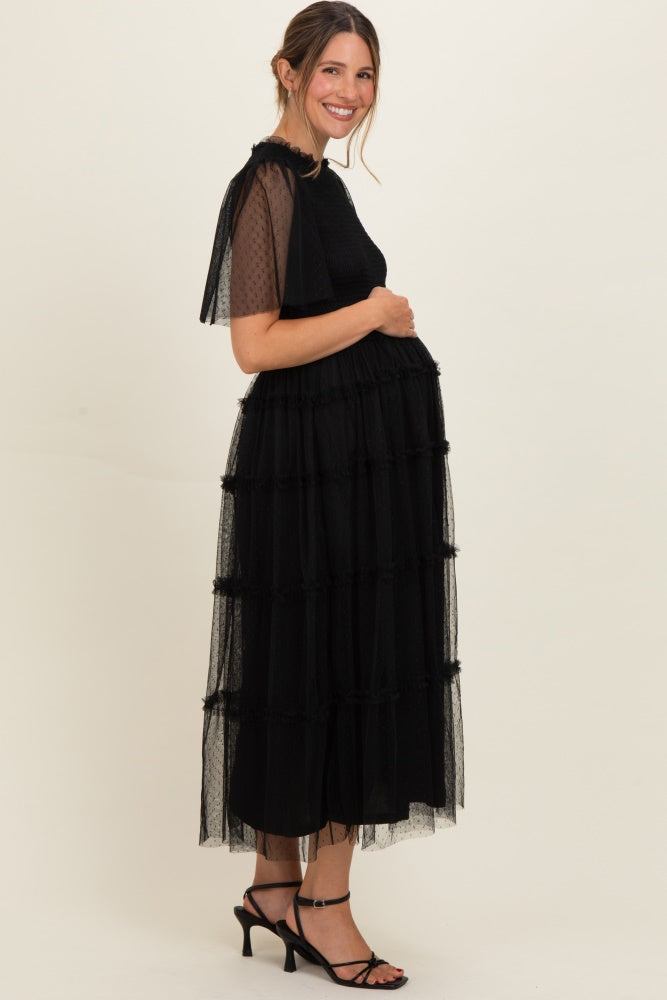 Black Smocked Top Mesh Midi Dress