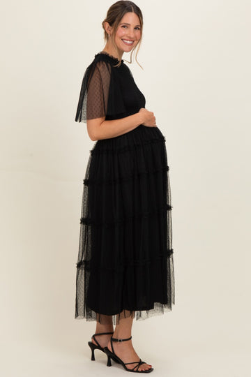 Black Smocked Top Mesh Midi Dress