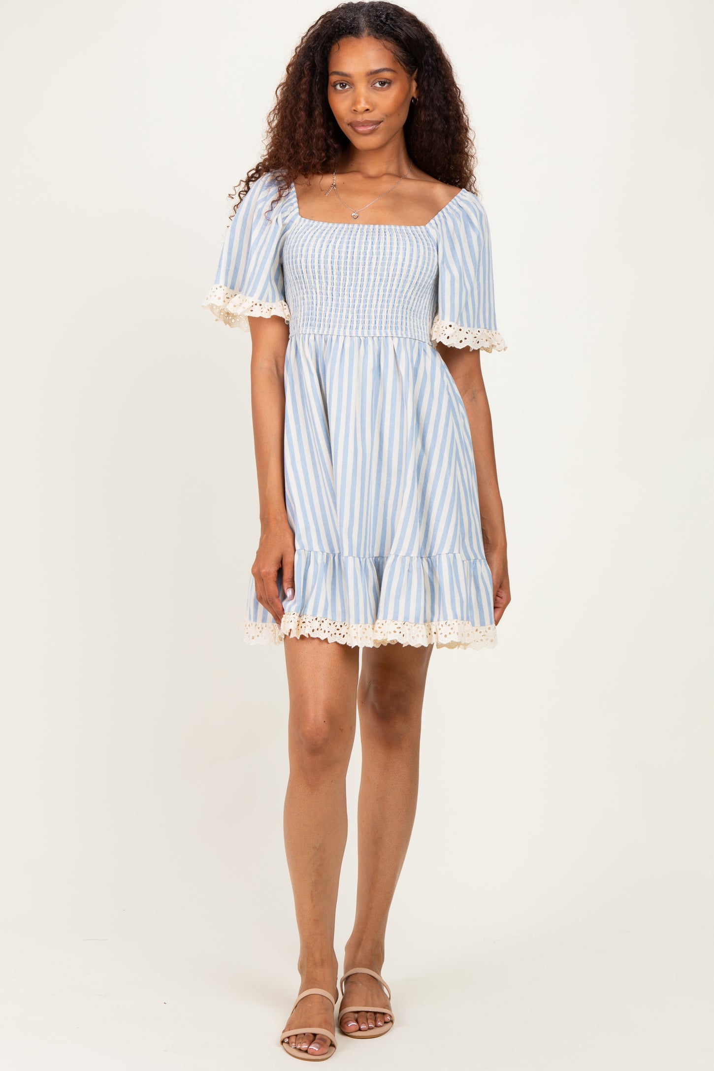 Light Blue Striped Smocked Lace Trim Dress