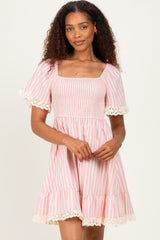 Light Pink Striped Smocked Lace Trim Maternity Dress