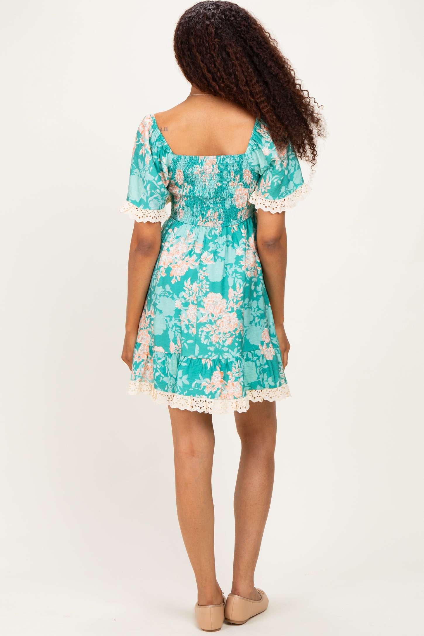 Jade Floral Smocked Lace Trim Dress