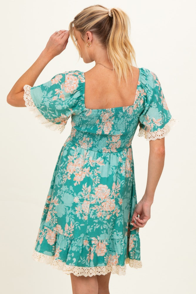 Jade Floral Smocked Lace Trim Maternity Dress
