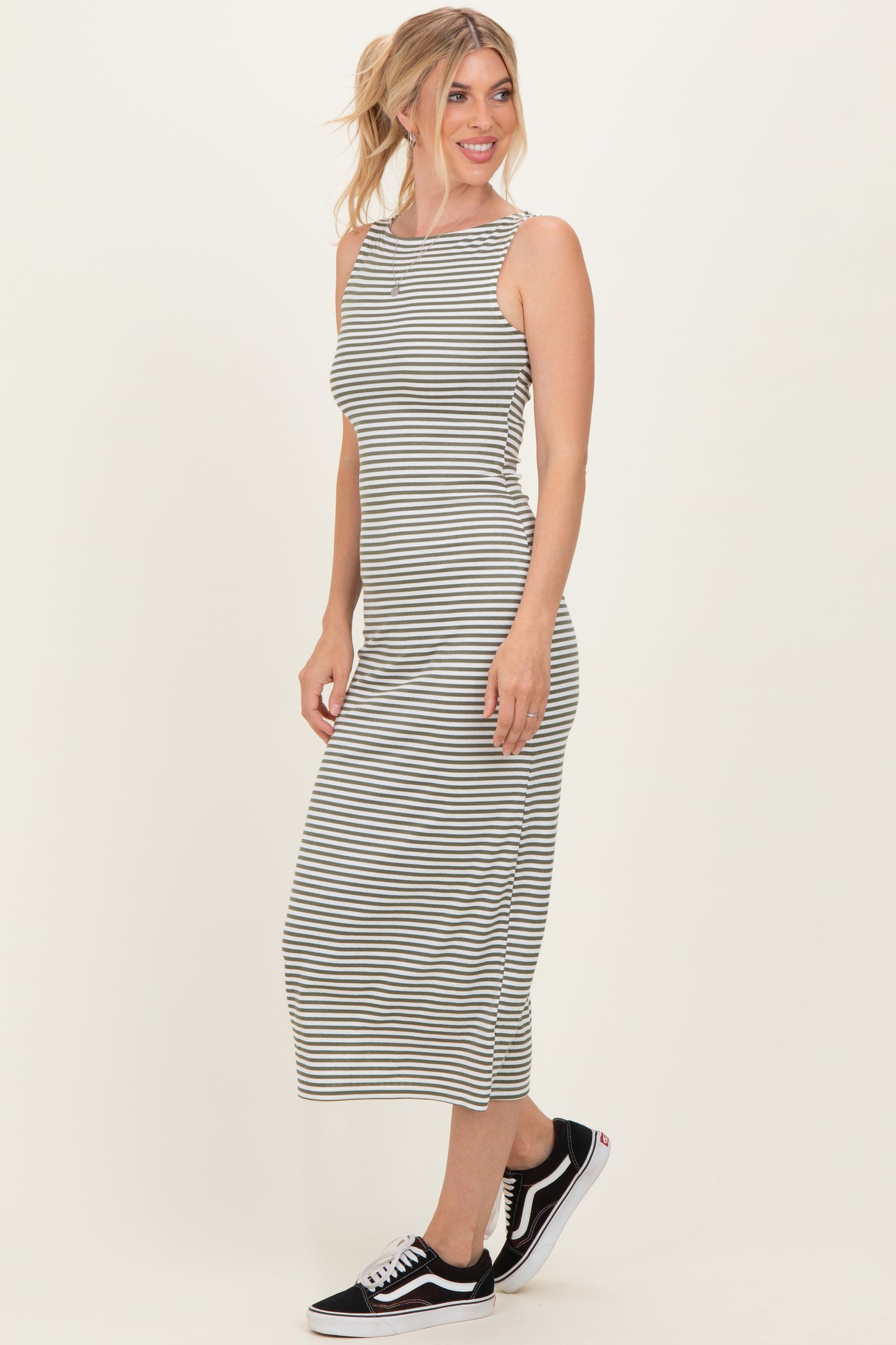 Olive Striped Boat Neck Sleeveless Midi Dress