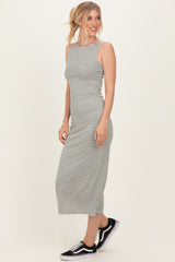 Olive Striped Boat Neck Sleeveless Midi Dress