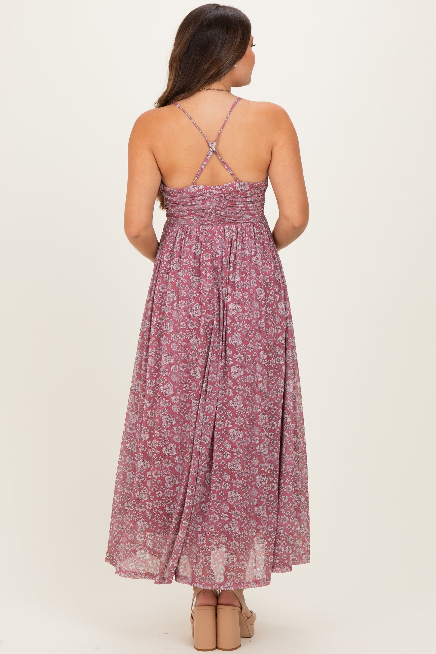 Mauve Criss-Cross Back Mesh Maternity Dress