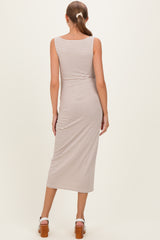 Mocha Striped Boat Neck Sleeveless Maternity Midi Dress