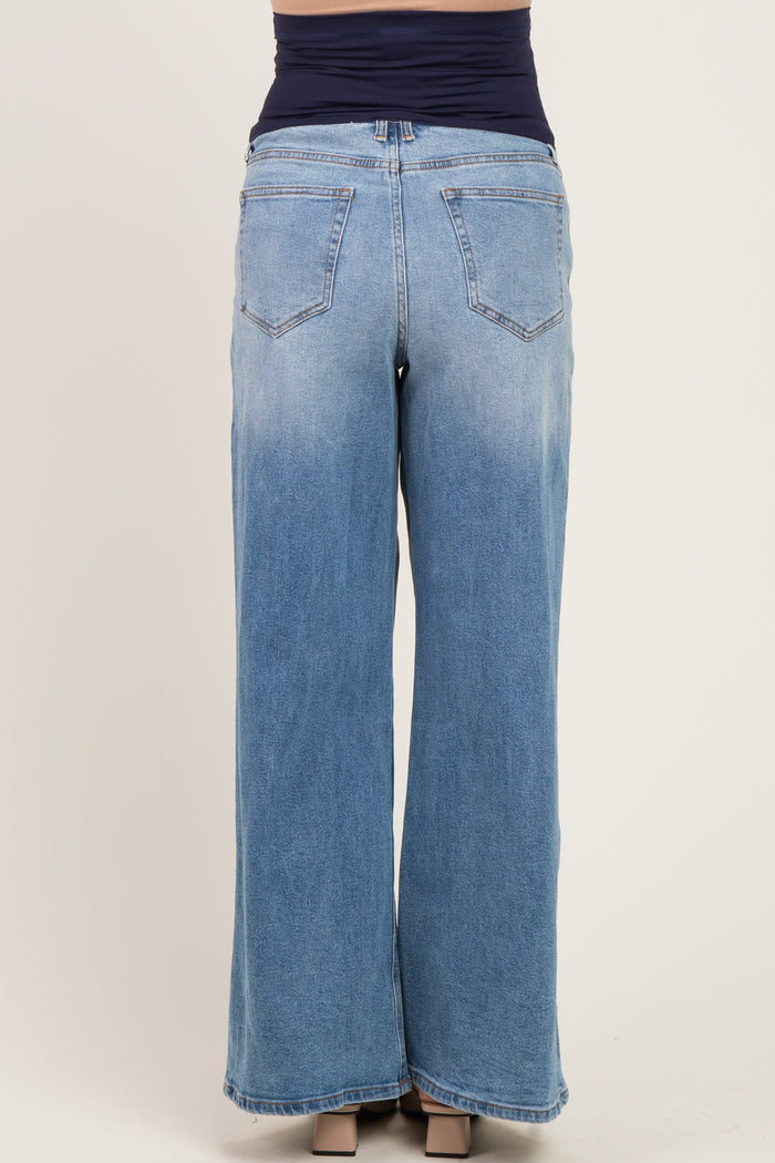 maternity wear light blue wide leg jeans viewed from the back, with a comfortable waistband