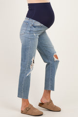 Blue Straight Leg Distressed Maternity Jeans