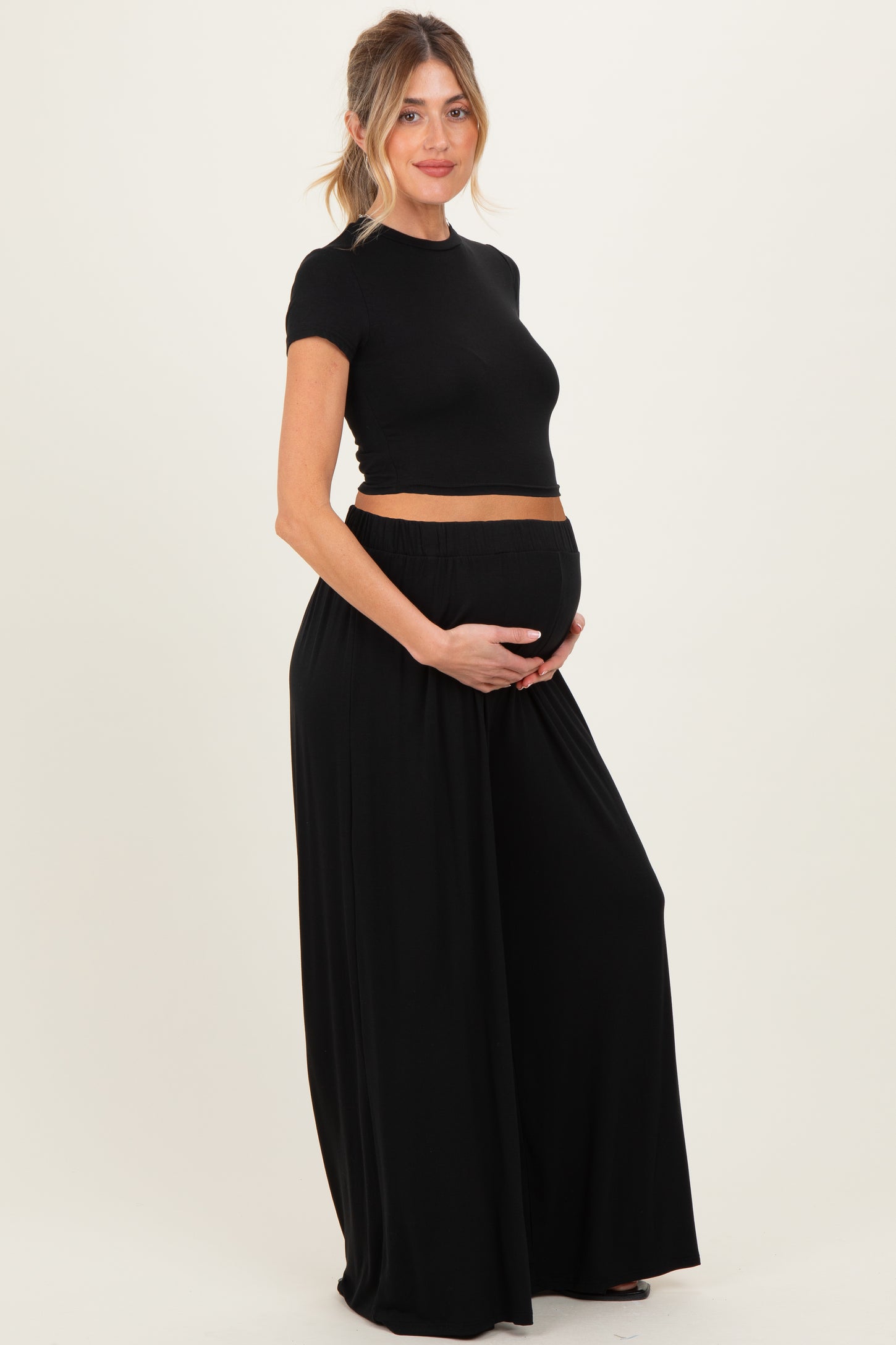 Black Short Sleeve Crop Top Wide Leg Pant Maternity Set
