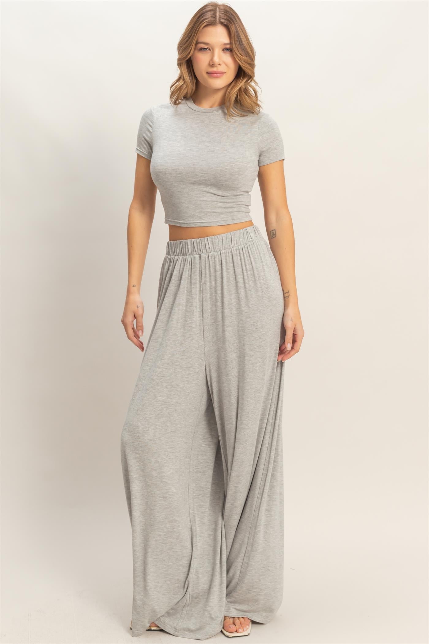 Heather Grey Short Sleeve Crop Top Wide Leg Pant Maternity Set