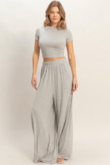 Heather Grey Short Sleeve Crop Top Wide Leg Pant Maternity Set