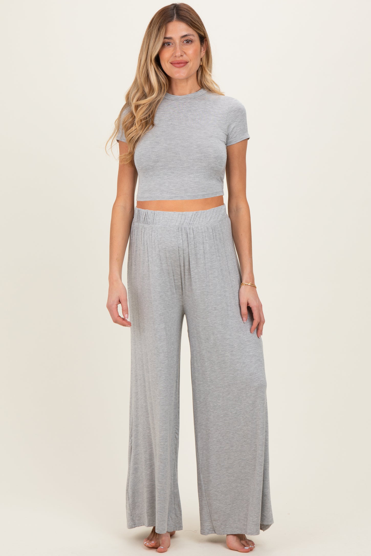 Heather Grey Short Sleeve Crop Top Wide Leg Pant Maternity Set