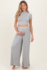 Heather Grey Short Sleeve Crop Top Wide Leg Pant Maternity Set