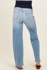 maternity wear light blue wide-leg jeans with a stretchy waistband, shown from the back