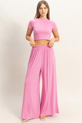 Pink Short Sleeve Crop Top Wide Leg Pant Set