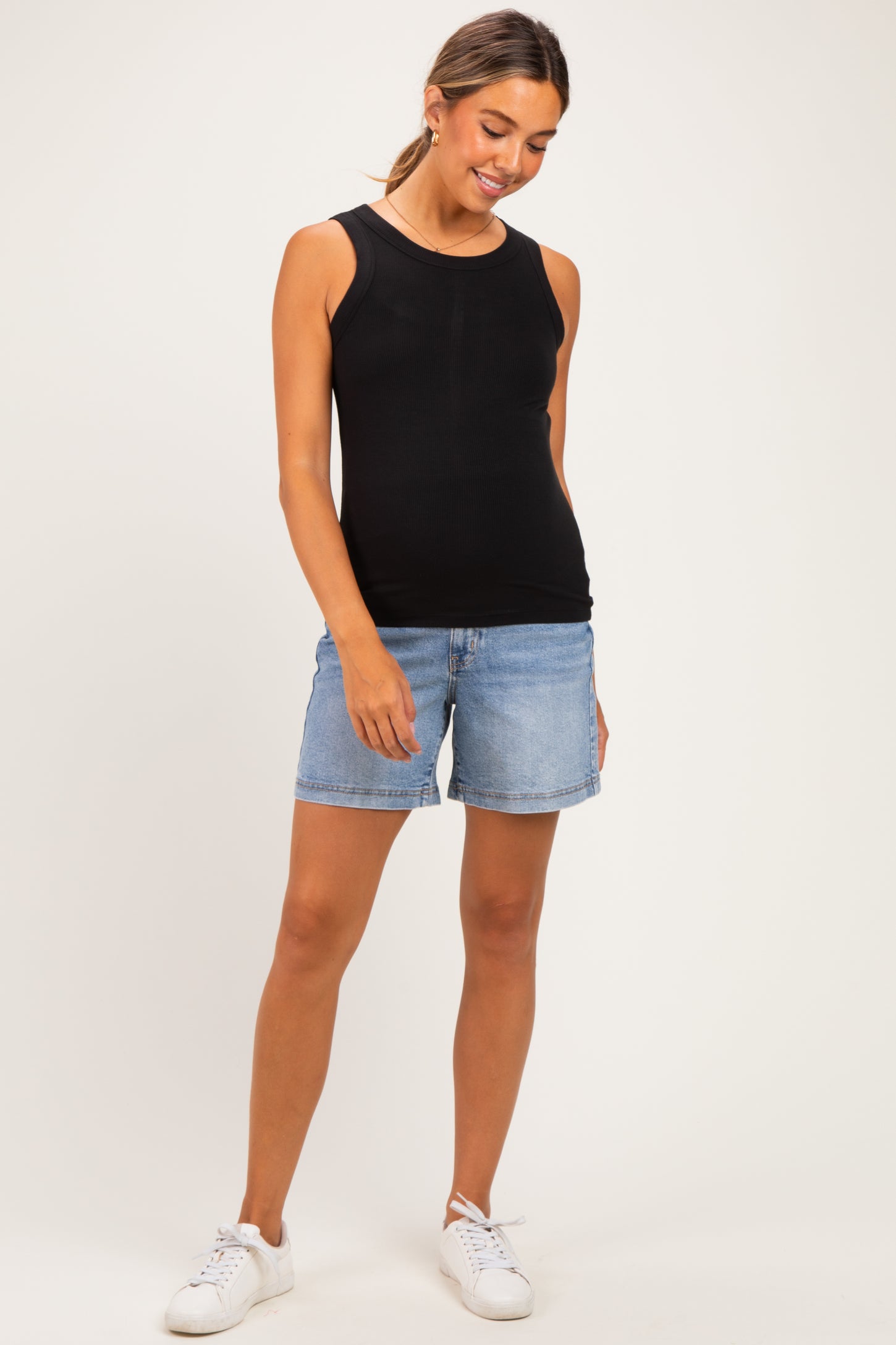 Medium Wash Maternity Midi Shorts