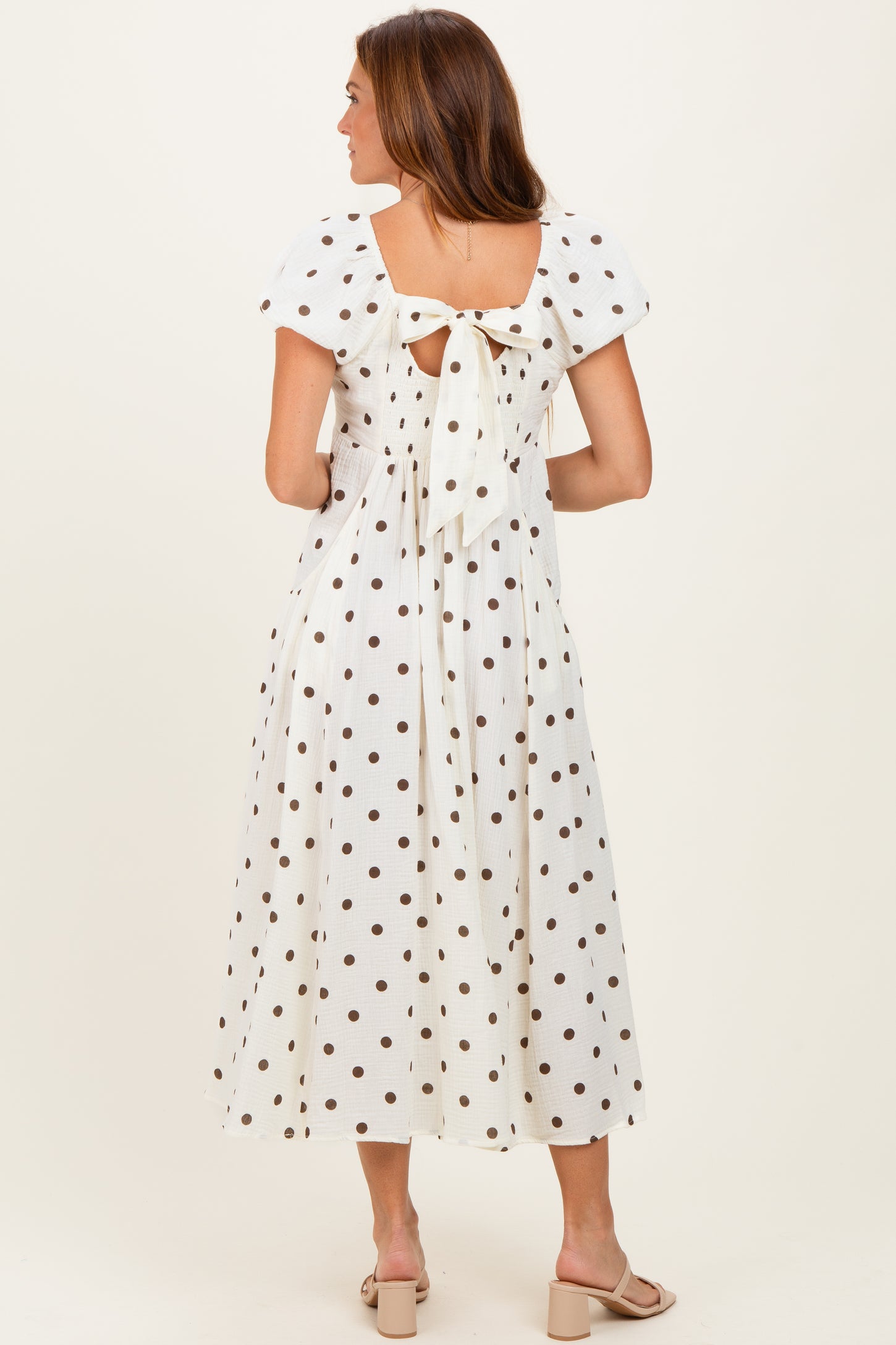 Cream Cotton Gauze Dot Print Ribbon Tie Back Midi Dress – PinkBlush