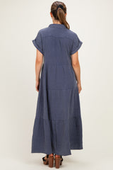 Navy Breezy Mineral-Washed Gauze Maternity Maxi Shirt Dress