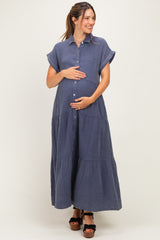 Navy Breezy Mineral-Washed Gauze Maternity Maxi Shirt Dress