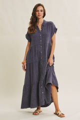 Navy Breezy Mineral-Washed Gauze Maternity Maxi Shirt Dress
